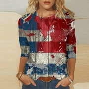 BADHUB 4Th of July Shirt for Women American Flag Stars Stripes T Shirt 3/4 Sleeve Tie Dye Patriotic Tops Independene Day Causal Blouse