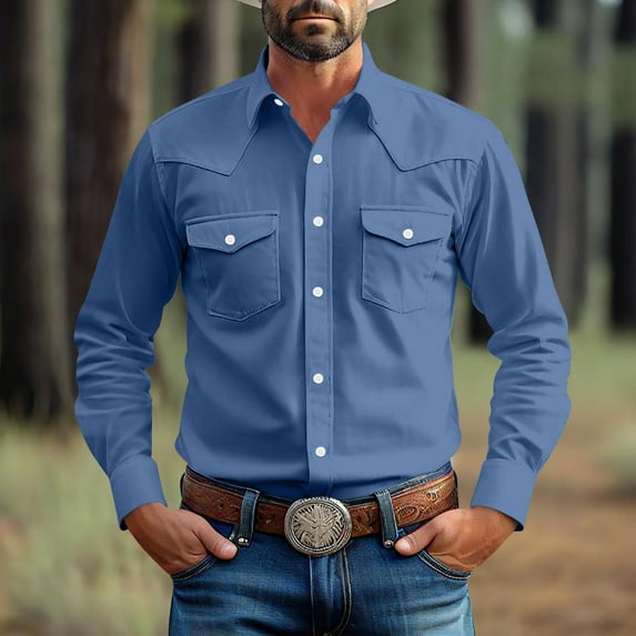 BADHUB Big and Tall Cotton Linen Shirts for Men Western Button Down Shirt with Two Pockets Long Sleeve Classic Work Collared Tops Blue 5XL