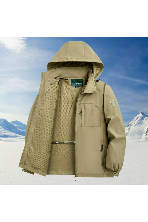 Big and Tall Rain Jacket for Men Waterproof Durable Lightweight Outdoor Hunting Coat Hiking Travel Multiple Pockets Windbreaker Khaki 4XL