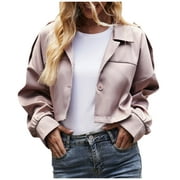 BADHUB Blazers for Women Business Casual,Long Sleeve Cropped Blazer Front Button Lapel Collar Suit Jacket 2023 Fashion Lightweight Moto Jackets