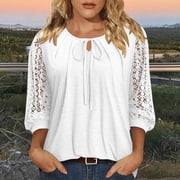BADHUB Blouse Top for Womens Lace Patchwork Lightweight Notch V Neck 3/4 Sleeve Length Top Summer Dressy Casual Tshirts White XXL
