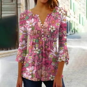 BADHUB Bohemian Tops for Women 2024 Summer Boho Floral Print Tunic Pleated 3/4 Bell Sleeve Blouse Dressy V Neck Button Shirts