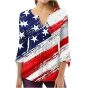 BADHUB Button Down Shirts for Women Patriotic T Shirt USA Flag Bell 3/4 Sleeve V Neck Star Stripes Tops Dressy Casual Spring Blouses Tunic Tee