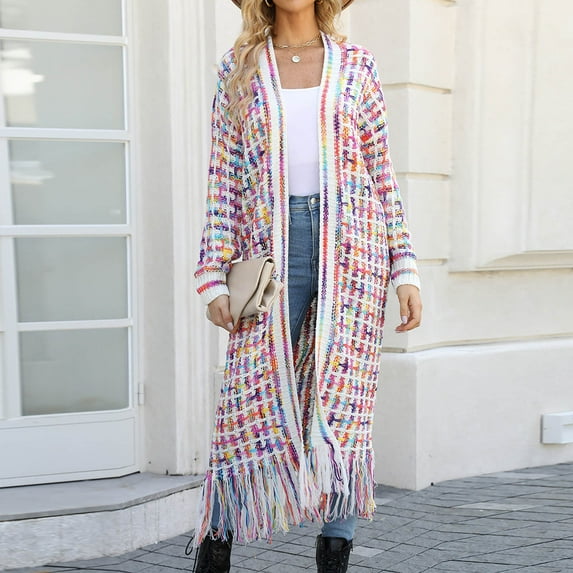 BADHUB Cardigan Sweaters for Women Fashion Crochet Knitted Colorful Open Front Tassels Long Fall Shrug Jacket Outerwear Hot Pink M