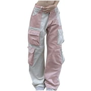 BADHUB Cargo Pants for Women 2023 Trendy,High Waisted Parachute Pants Flap Pocket Straight Wide Leg Casual Trousers Color Block Patching Y2K Streetwear Pants