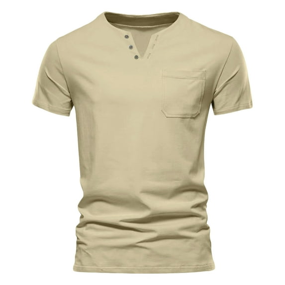 BADHUB Casual Classic T-Shirt Summer Henley Short Sleeve Shirts Tee Men Short Sleeve Solid Color Tops Button Loose T-Shirts Loungewear with Pocket