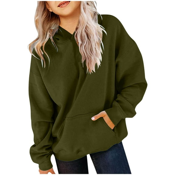 BADHUB Cute Hoodies for Teen Girls Trendy Preppy Hooded Sweatshirts Loose Fit Long Sleeve Solid Color Basic Pullover Tops with Pocket Green 5 Years