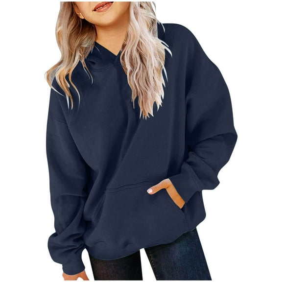BADHUB Cute Hoodies for Teen Girls Trendy Preppy Hooded Sweatshirts Loose Fit Long Sleeve Solid Color Basic Pullover Tops with Pocket Navy 5 Years