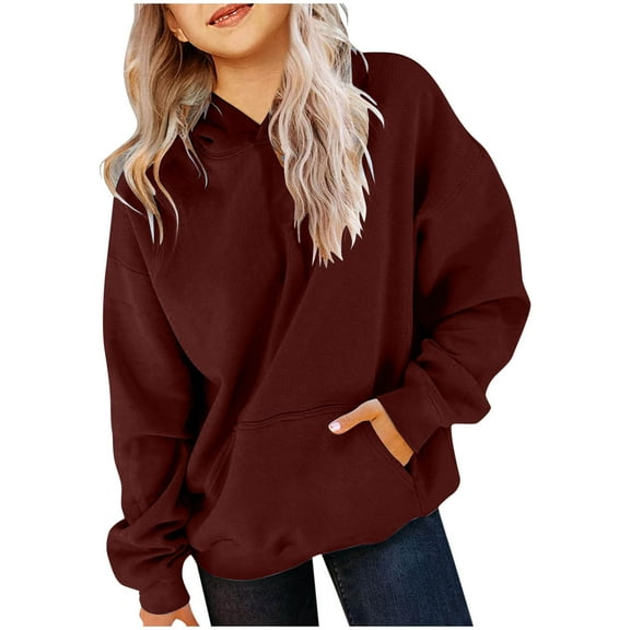 BADHUB Cute Hoodies for Teen Girls Trendy Preppy Hooded Sweatshirts Loose Fit Long Sleeve Solid Color Basic Pullover Tops with Pocket Wine 4 Years
