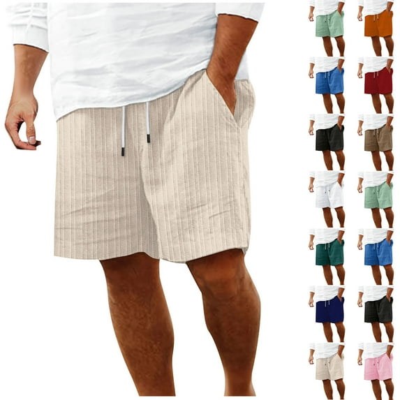 BADHUB Drawstring Beach Shorts for Men Knit Elastic Waist Summer Shorts Baggy Solid Color Athletic Outdoor Shorts Clearance Khaki S