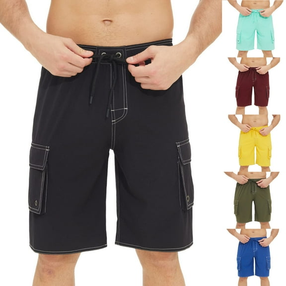 BADHUB Drawstring Cargo Shorts for Men Stretch Elastic Waist Work Shorts Casual Ripstop Solid Color Hiking Shorts Black 36