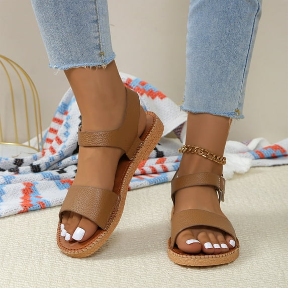 BADHUB Flat Sandals for Women Summer Open Toe Ankle Strap Slip on Comfy Low Wedge Lightweight Casual Breathable Beach Shoes Brown 39
