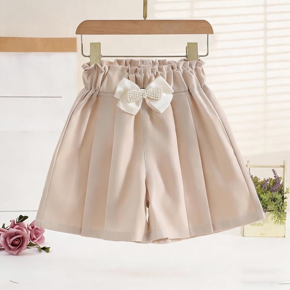 BADHUB Girl's Skirt Shorts Elastic Waist Flowy Casual Pull On Shorts Pleat Bowknot Fashion Cute Short Pant Beige 3 Years