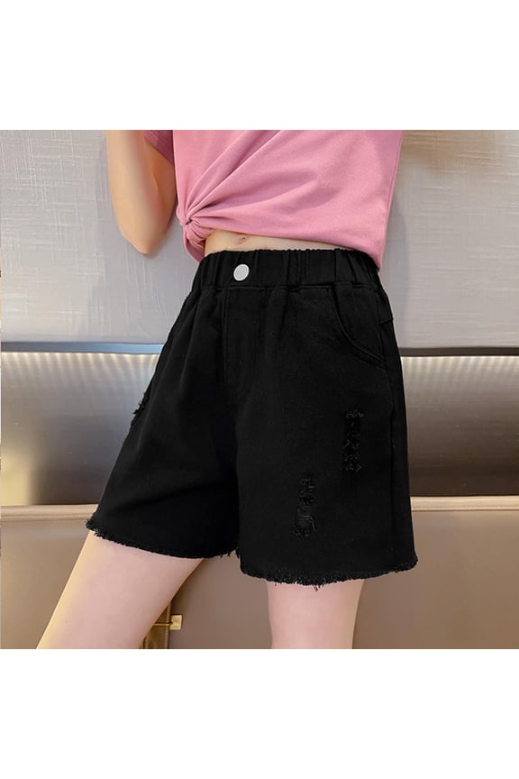 Girls Jean Distressed Cut Off Ripped Denim Shorts Casual Elastic Waist Fashion Y2k Bermuda with Pockets Black 4 Years