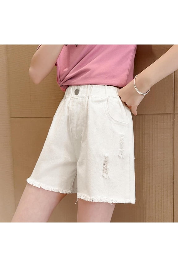 Girls Jean Distressed Cut Off Ripped Denim Shorts Casual Elastic Waist Fashion Y2k Bermuda with Pockets White 12 Years
