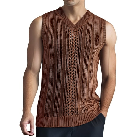 BADHUB Knitted Crochet Tank Tops for Men See Through Hollow Out V Neck Sleeveless Breathable Muscle Shirts Brown L