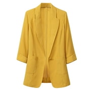 BADHUB Lightweight Blazers for Women Business Casual,3/4 Sleeve Open Front Cotton Linen Cardigan Plus Size Laple Collar Suit Jacket 2023 Fashion