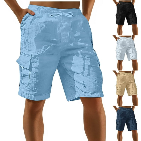 BADHUB Linen Cargo Shorts for Men Ealstic Waist Dawstring Beach Shorts Lightweight Breathable Vacation Shorts with Multi Pocket Black S