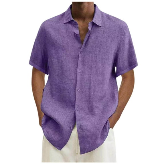 BADHUB Linen Shirts for Men, Men's Cotton Linen Casual Button Up T Shirt Short Sleeve Turn Down Collar Dress Shirts Loose Fit Solid Color Summer Tshirts