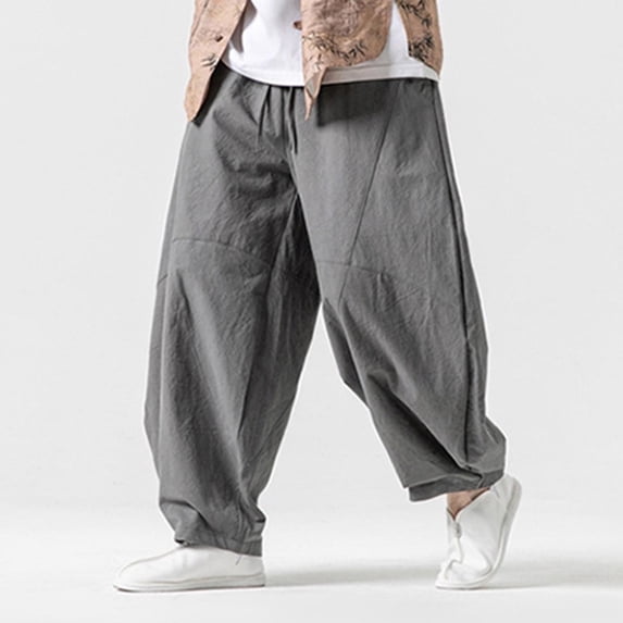 BADHUB Man's Big and Tall Harem Pants Lounge Loose Linen Pant Elastic Waist Drawstring Fashion Pant with Pockets Dark Gray 4XL
