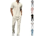 thumbnail image 1 of BADHUB Men's 2 Piece Cotton Sets Casual Short Sleeve Henley V Neck Shirts and Beach Pants with Pockets Summer Vacation Outfits Summer Savings Black M, 1 of 4