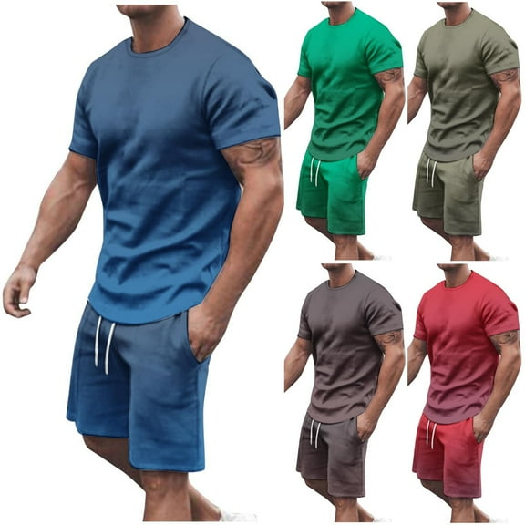 BADHUB Men's 2 Piece Outfits Summer Big & Tall Gradient Short Sets Causal Crew Neck Short Sleeve T-shirt and Elastic Shorts Red M