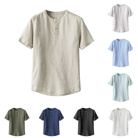 BADHUB Men's Big & Tall Cotton Linen Shirts Causal Lightweight Crew Neck Button Shirt Breathable Solid Color Short Sleeve Tee Shirt Sky Blue XXXXL