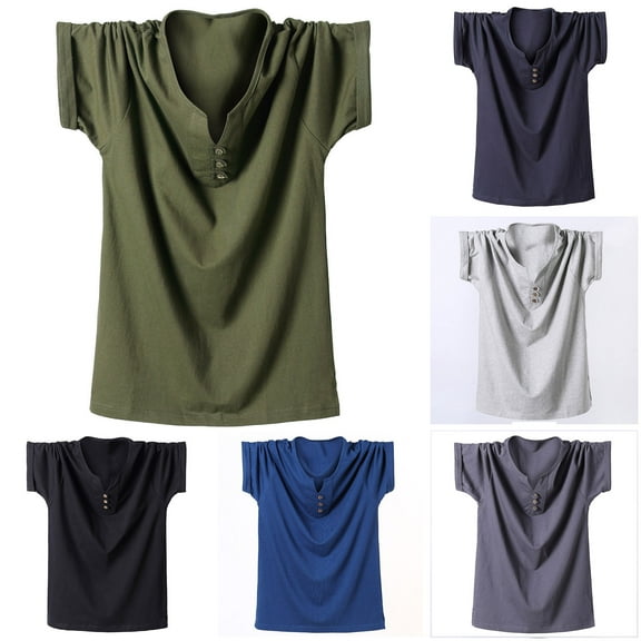 BADHUB Men's Big & Tall Henley T-Shirts Cotton Short Sleeve Classic Button Tee Shirt Lightweight Breathable Summer Tops 2025 3XL-8XL Blue XXXL