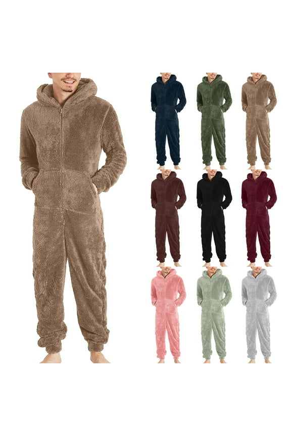 Men's Big & Tall Men's Warm Fleece Hoodedesie Pajamas Wintere Piece Full Zipper Pajamas Playsuit Home Outdoor Camping Coverall Sleepwear with Pocket S-5XL Winter