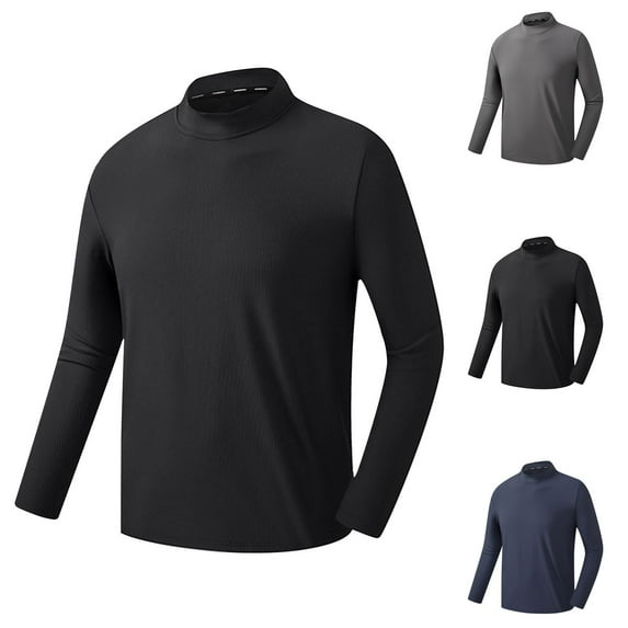 BADHUB Men's Big & Tall Workout T-Shirt Long Sleeve Stretch Sun Protection Sports Shirts Lightweight Solid Color Turtleneck Athletic Shirt Black L