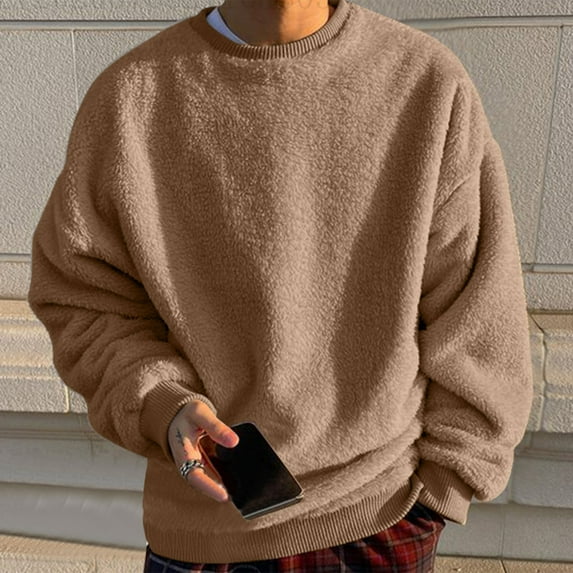 BADHUB Men's Big and Tall Fuzzy Sweatshirts Casual Long Sleeve Sherpa Fleece Fashion Crewneck Pullover Shirts Khaki 5XL