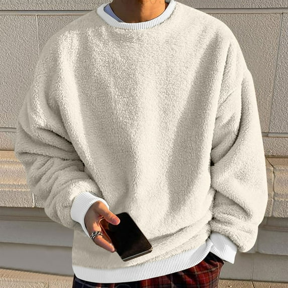 BADHUB Men's Big and Tall Fuzzy Sweatshirts Casual Long Sleeve Sherpa Fleece Fashion Crewneck Pullover Shirts White S