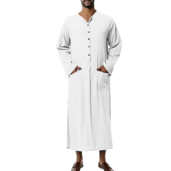 BADHUB Men's Big and Tall Linen Robes Long Sleeve Muslim Robe Button Up Side Split Kaftan Thobe with Pockets White 2XL