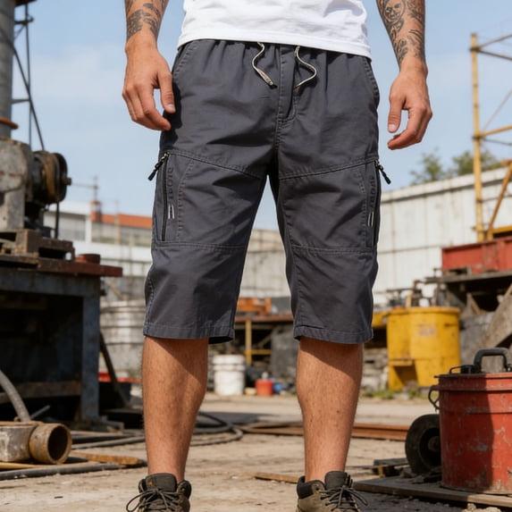 BADHUB Men's Cargo Shorts Capris Pants Stretch Drawstring Pant Summer Flat Front Loose Fit Trousers with Pockets Dark Gray L