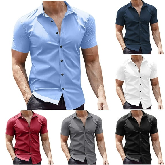 BADHUB Men's Causal Short Sleeve Shirts Lightweight Button Down Lapel Fitted Shirt Solid Color Buisness Shirt Black L
