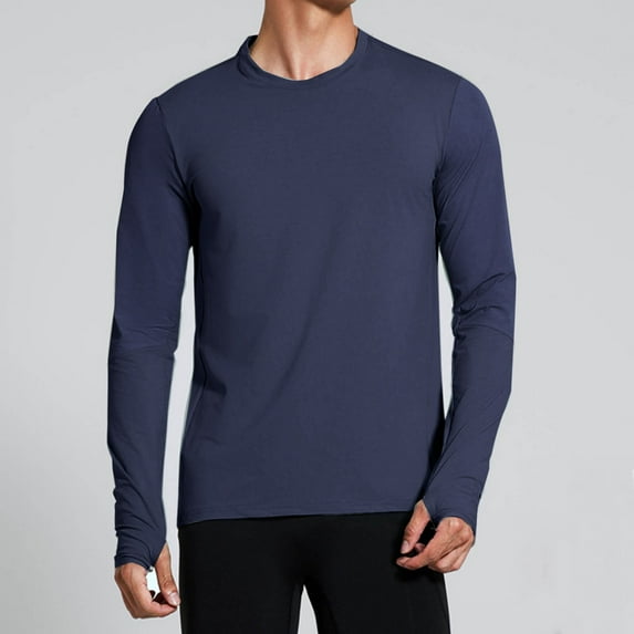 BADHUB Men's Color Block Sun Protection Shirts with Thumb Holes Fitness Sports Stretch Outdoor Long Sleeve Quick Dry Crew Neck Hiking Athletic Top S-3XL Navy