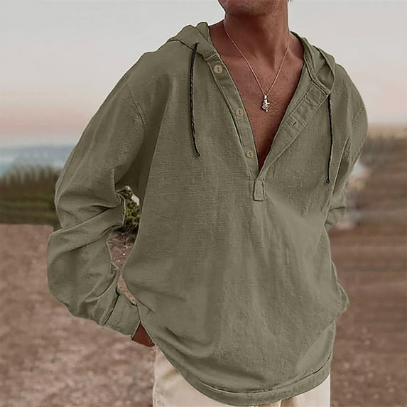 BADHUB Men's Cotton Linen Pullover Hoodies Long Sleeve Casual Lightweight Half Button Loose Fit Tops Army Green L
