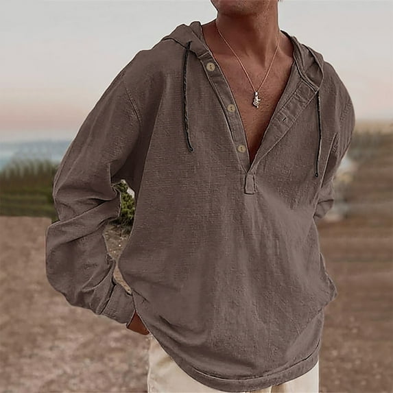 BADHUB Men's Cotton Linen Pullover Hoodies Long Sleeve Casual Lightweight Half Button Loose Fit Tops Brown S
