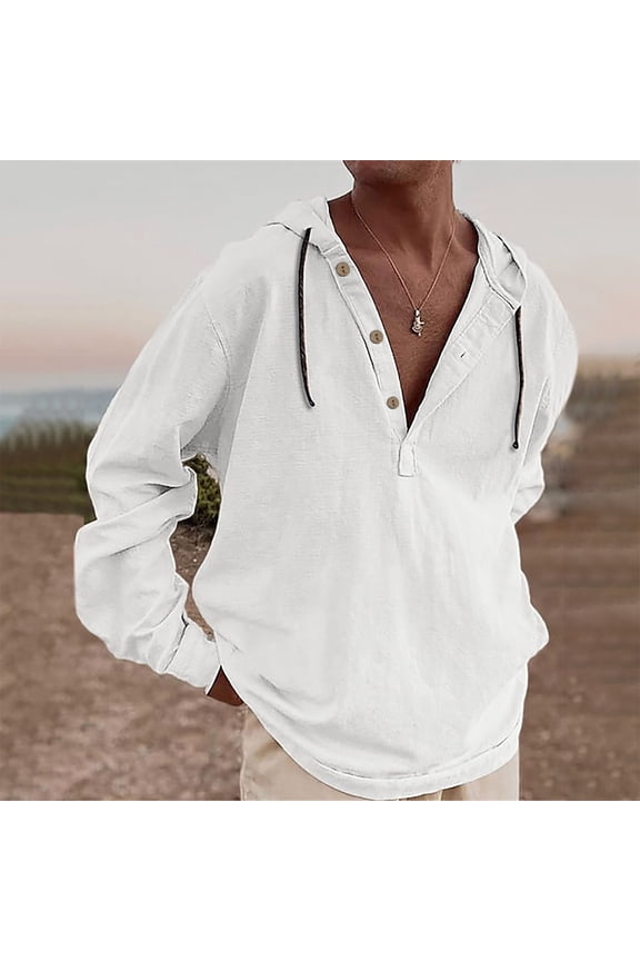 Men's Cotton Linen Pullover Hoodies Long Sleeve Casual Lightweight Half Button Loose Fit Tops White 2XL