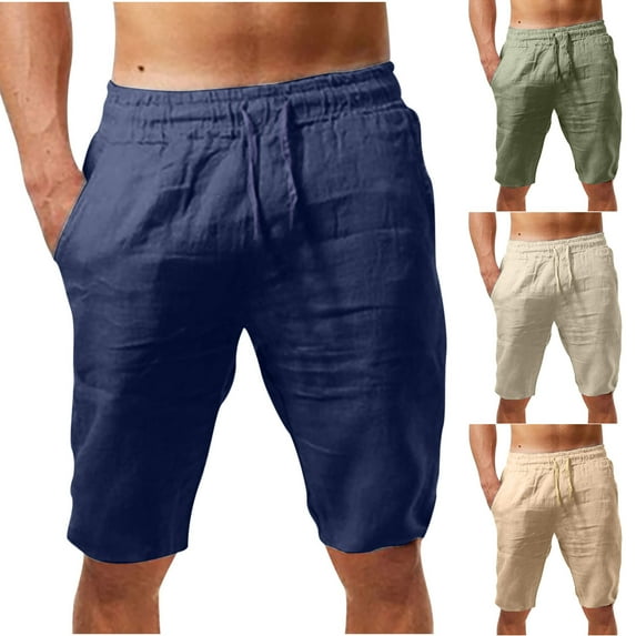 BADHUB Men's Cotton Linen Shorts Casual Lightweight Summer Beach Shorts Elastic Waist Drawstring Vacation Shorts with Pockets Beige XXXXL