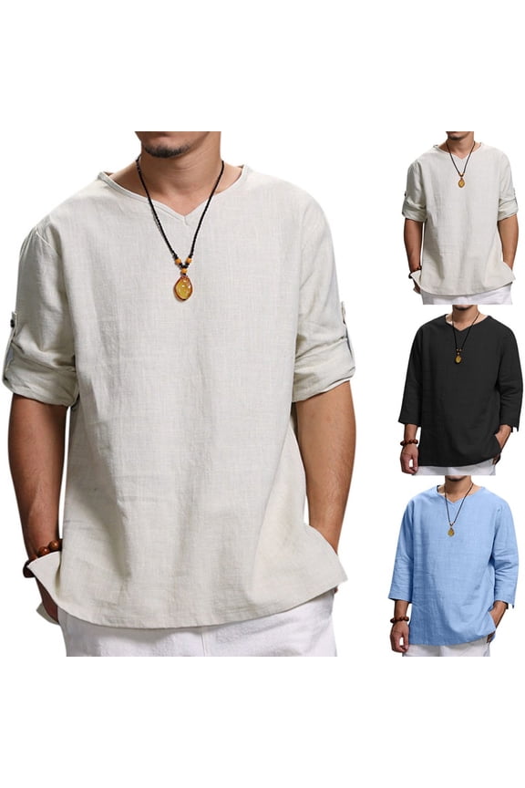 Men's Cotton Linen T Shirts Big & Tall 3/4 Sleeve Lightweight Tee Shirt Solid Color Pull Up Sleeve Summer Tops 2025 Black XXXXL
