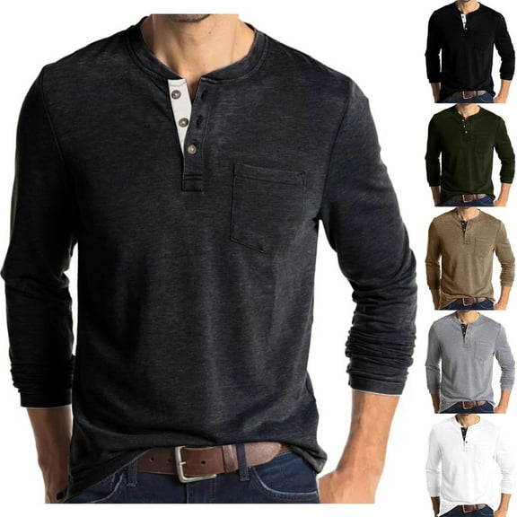 BADHUB Men's Cotton Long Sleeve T Shirt Casual Classic Three Button Henley Shirts Slim Fit Vintage Top Gray XL