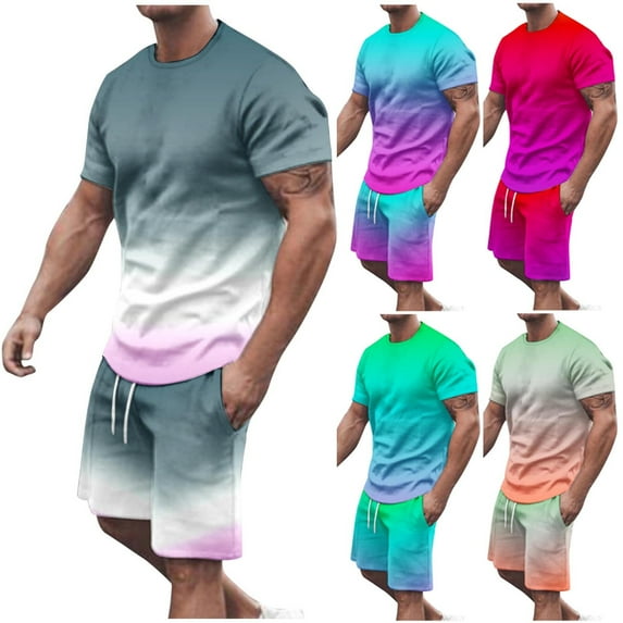 BADHUB Men's Crew Neck Short Sleeve Gradient Printed T-Shirt Top Shorts Set Summers( Big & Tall) Hot Pink XXXL