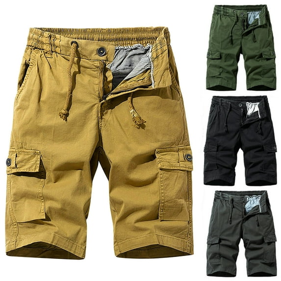 BADHUB Men's Drawstring Cargo Shorts Elastic Waist Heavy-Duty Work Shorts with Multi Pockets Clearance Army Green L