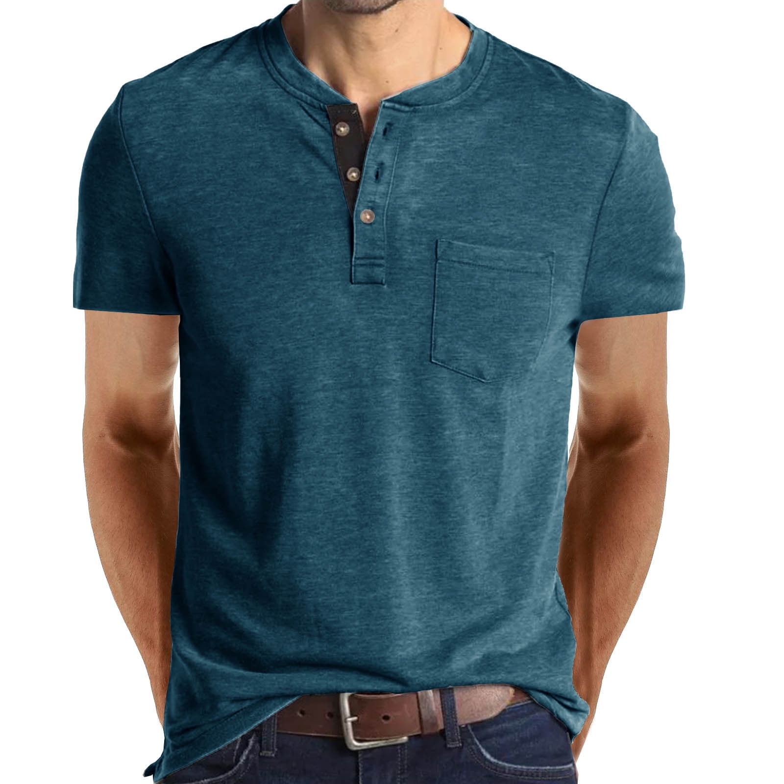 BADHUB Men s Fashion Classic Shirts Casual Short Sleeve Button Henley T Shirt Front Pokcet Basic Cotton Summer Pullover Gift for Dad