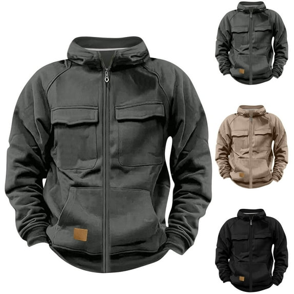 BADHUB Men's Full Zip Jacket Sweatshirts Long Sleeve Solid Color Work Pocket Pullover Stand Collar Sports Running Outdoor Sweatshirt Black XL