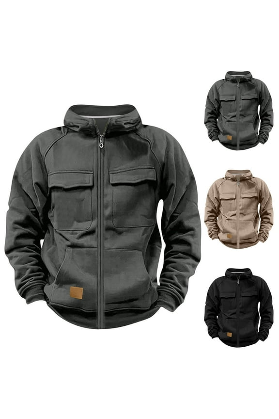 Men's Full Zip Jacket Sweatshirts Long Sleeve Solid Color Work Pocket Pullover Stand Collar Sports Running Outdoor Sweatshirt Black XL