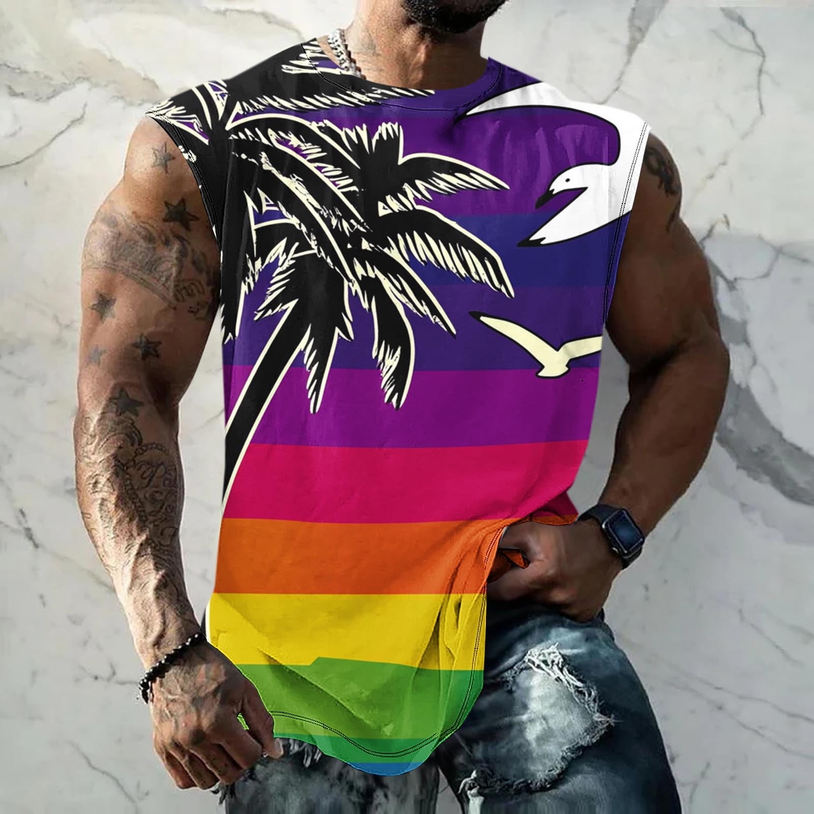 BADHUB Men's Graphic Tank Tops Coconut Tree Print Sleeveless Muscle ...