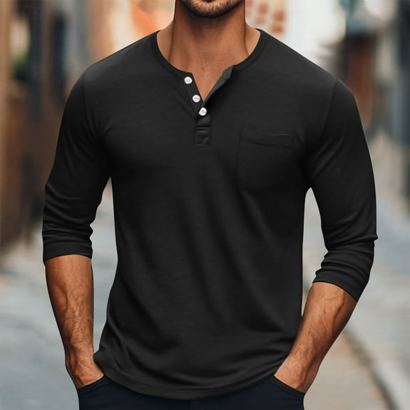 BADHUB Men's Henley Shirts Casual Long Sleeve Button Classic T-Shirt with Pocket Black 3XL
