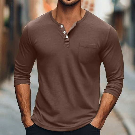 BADHUB Men's Henley Shirts Casual Long Sleeve Button Classic T-Shirt with Pocket Brown 4XL